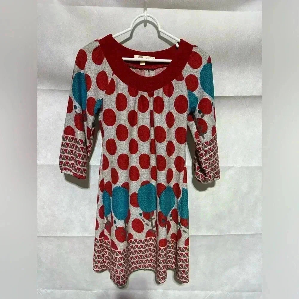 ARYEH Women’s Size Small Heathered Gray Blue Red Floral Sweater Dress Boho EUC